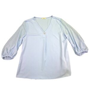 Bebonnie Shirt Women's Size XL Light Blue Polka Dot Sleeve V Neck Blouse Top